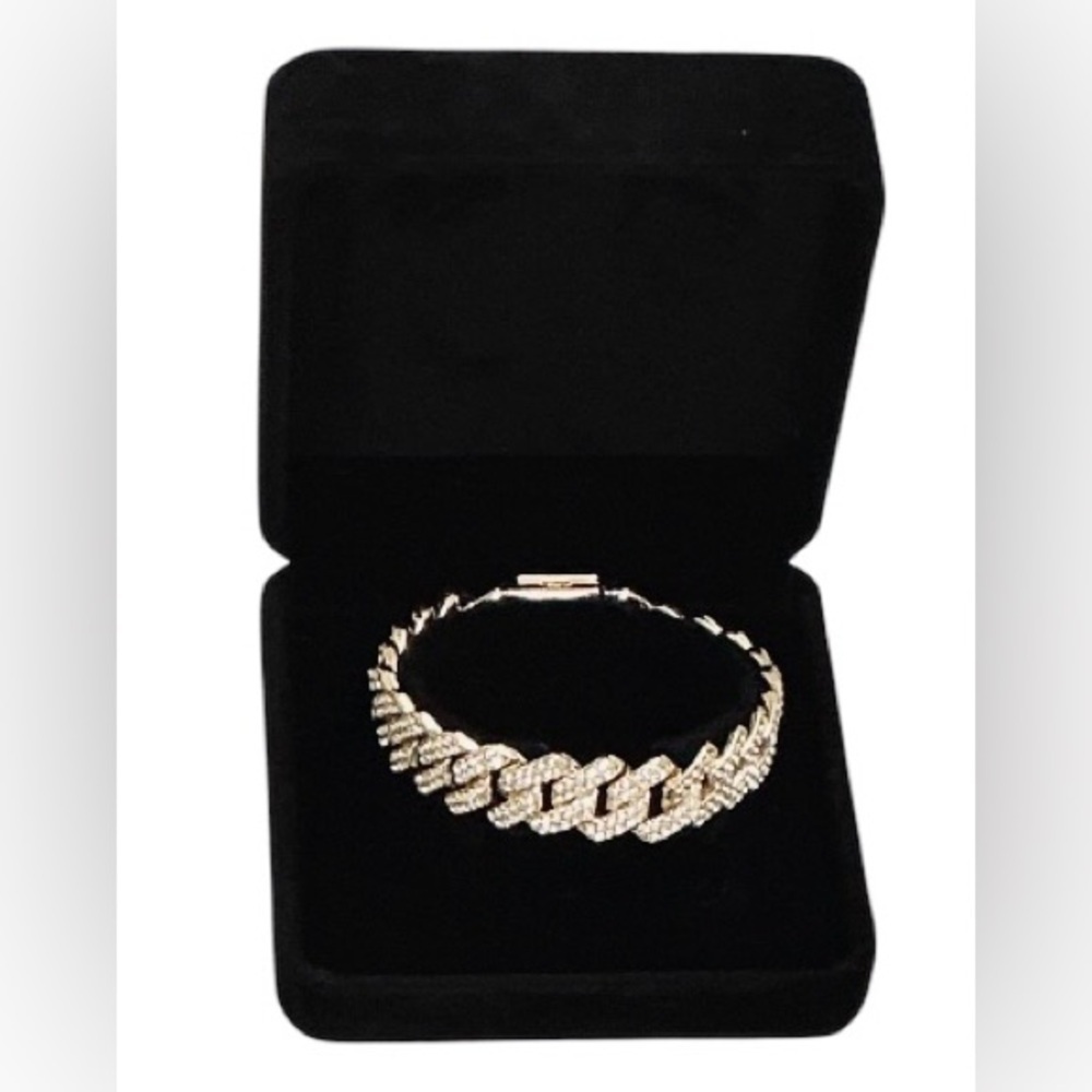 Gold Cuban Link Bracelet with Pave Crystals 14mm • 7.5” - Picture 7 of 7